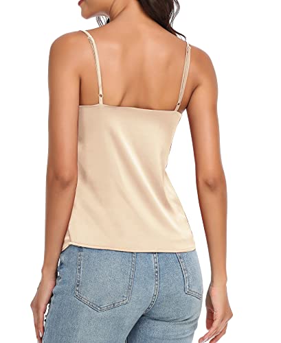 Wantschun Women's Cowl Neck Camisole Silk Satin Adjustable Spaghetti Strap Tank Top Cami Blouse Champagne ; Large #TOP3