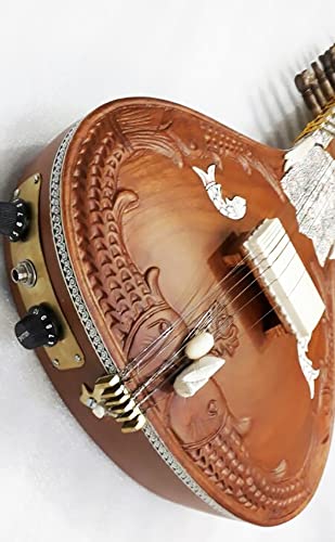 Classic Indian Acoustic Electric Cedarwood Ravi Shankar Style Sitar With Beautiful Carvings + String Set + Plectrums. Natural Wood Polish #TOP1