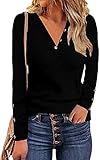 Minetom Damen V-Ausschnitt Spitze/Knöpfe Langarm Rippe Tunika Top Locker Casual T-Shirt Bluse Solide Elegant Oberteile Basic Einfarbig Hemd Henley Shirt Sommer Frühling B Schwarz S
