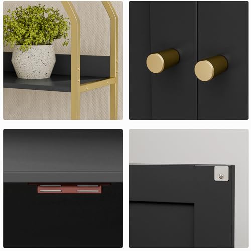 Homhedy Cat Litter Box Enclosure, Litter Box Furniture Hidden with 2-Tier Storage Shelves, Wooden Cat Washroom Furniture with Metal Frame, Modern Style, Black and Gold