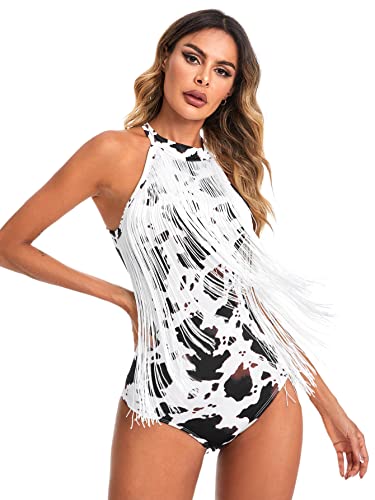 Verdusa Women's Western Fringe Tops Boho Sleeveless Bodycon Halter Bodysuit Top Cowboy Outfits Cow Black Brown Medium