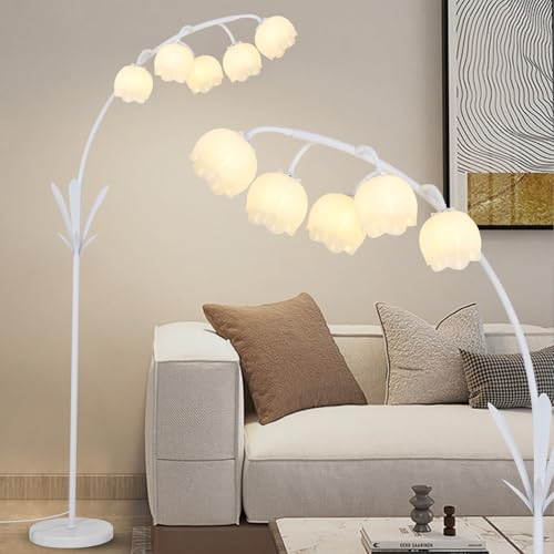 Image of HMVPL White Floral Floor Lamp, Cute Flower Standing Lamp for Bedroom, Modern Tall Lamp with 5 G9 LED Bulbs, Foot Switch, Acrylic Shade, Curved Floor Lamp for Living Room Corner Bedside Kids Home Decor