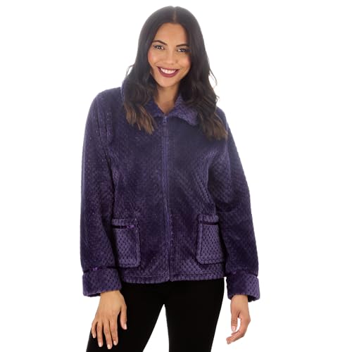 Metzuyan Ladies Long Zip Up Waffle Fleece Bed Jacket Textured Womens Lounge Buttoned Top House Warm Jacket Gown Size Purple Size 18-20