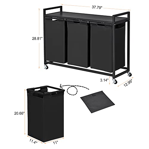 Herture Laundry Hamper, 3-Compartment Laundry Basket, Laundry Sorters With Shelf, Pull-Out Removable Bags And Movable Wheels, 3 X 38L, Laundry Room Organization Bathroom And Living Room Black Pf03Xlb #TOP4