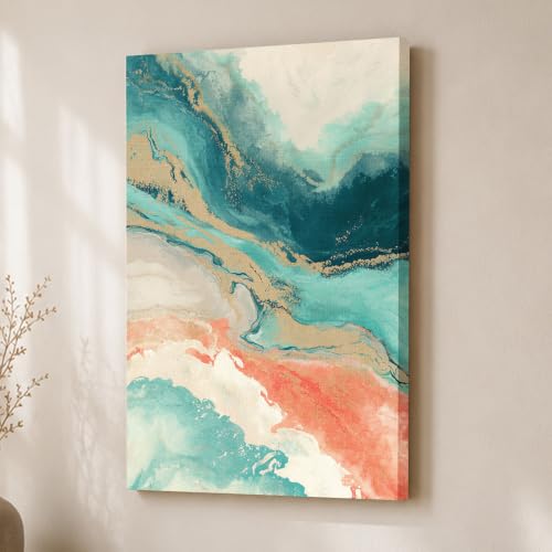 Image of Abstract Fluid Stretched Canvas Painting For Living Room | Turquoise Marble Stretched Canvas Wall Art For Livingroom Home Decor, Bedroom, Hallway's, Office, Hotel - 56x86 cm