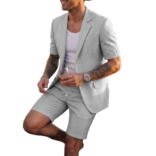 Ensemble costume 2 pièces homme à carreaux chic avec blazer manches courtes et short d'été habillé