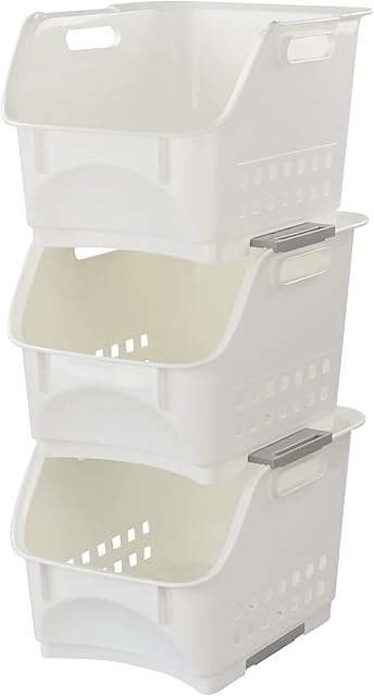 Tyminin 3 Packs Plastic Stacking Storage Baskets, Kitchen Vegetable and Fruit Rack Bin, White