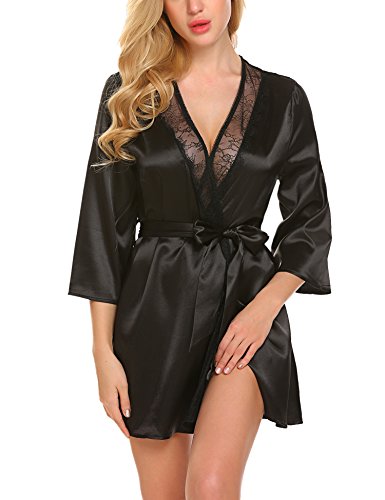 ADOME Women Short Satin Kimono Robe Lingerie Nightgown Sleepwear Silk Bathrobe Pure Color Black L