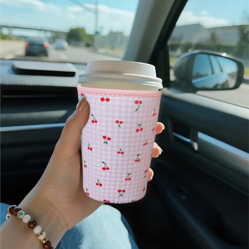 Image of Reusable Insulated Sleeve for Iced Coffee Cup, Coffee Neoprene Sleeve for Cold & Hot Drinks, Beverage Holder for Iced Coffee (Pink Cherry, Medium: 22-24oz)