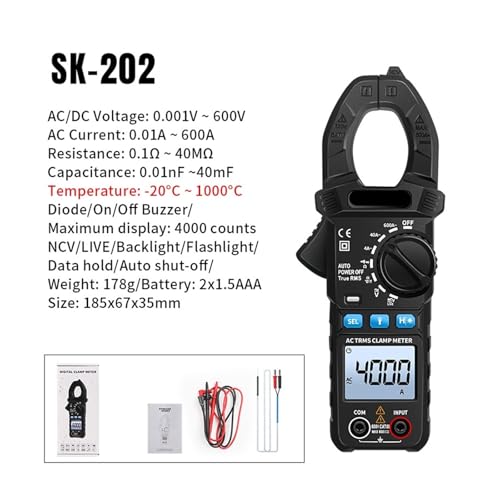 Medidor de pinza digital 600A TRUE RMS amperímetro inteligente, multímetro automático 6000 DC AC (SK-202) miniatura 2