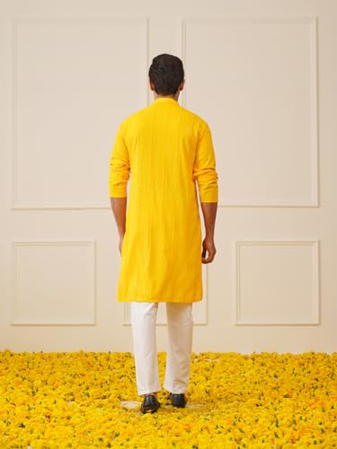 Jompers Men's Yellow Sequins Chikankari Embroidered Kurta With Pyjama (Yellow, S)