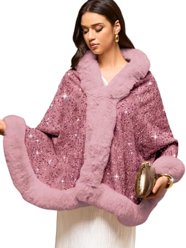 EHSUYAB Women's Sequin Faux Fur Shawl Wrap, Winter Bridal Wedding,