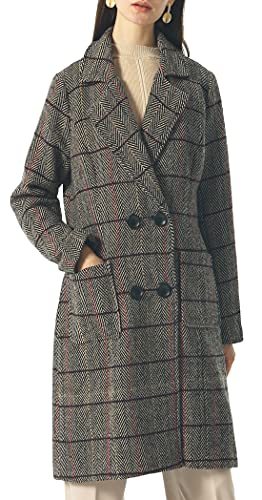 Image of chouyatou Women Elegant Notched Collar Double Breasted Wool Blend Over Coat (XX-Large, Brown-Herringbone)