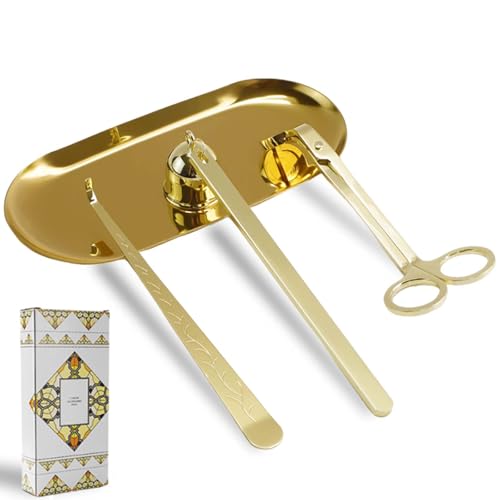 HMIEPRS 4 en 1 Set de Trimmer de Mèche de Bougie, Kit de Outils Soin de Bougie avec Plateau, Cuillère à Mèche, Coupe-Mèche et Éteignoir à Bougie, Eteignoir Bougie en Acier Inoxydable (Or)