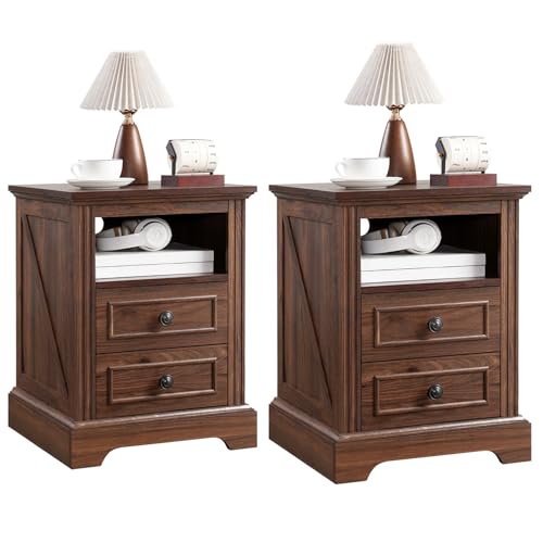 QUW Nightstand Set of 2 with Charging Station, Side Table
