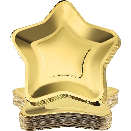 Umigy 120 Count Gold Star Shimmery Modern Star Shape Paper Plates, 9.45 x 9.06 Inch, Disposable, for Birthdays, Weddings, Parties