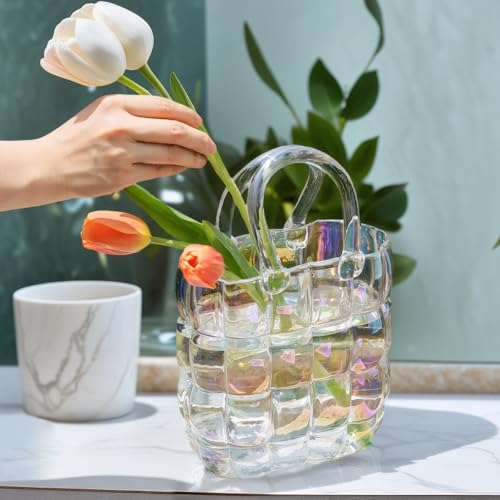 Lighterday Vaso in vetro colorato, in vetro, moderno, trasparente, piccolo vaso in vetro per decorazione da tavolo, vaso a tulipani, vetro colorato