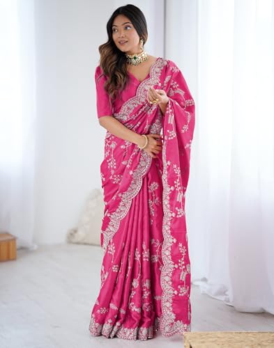 Image of SIRIL Women's Satin Embroidery And Scalloped Border Saree With Unstitched Blouse Piece