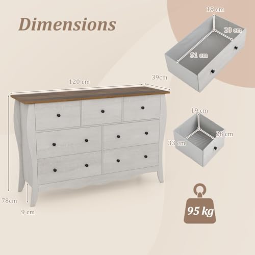 COSTWAY Wooden Chest of Drawers, 7-Drawer Dresser Storage Cabinet with Folding Fabric Drawers, Farmhouse Freestanding Chest Cupboard Organiser Unit for Bedroom, Living Room and Hallway, 120x39x78cm - Image 2