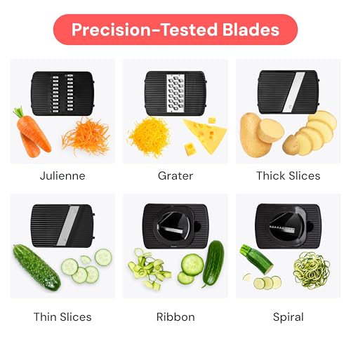 Fullstar Mandoline Slicer for Kitchen, Fruit Cutter, Cheese Grater, Cucumber Slicer, Veggie Spiralizer, Food Cutter & Kitchen Gadgets & Gifts with Safety Glove (6 in 1, White)