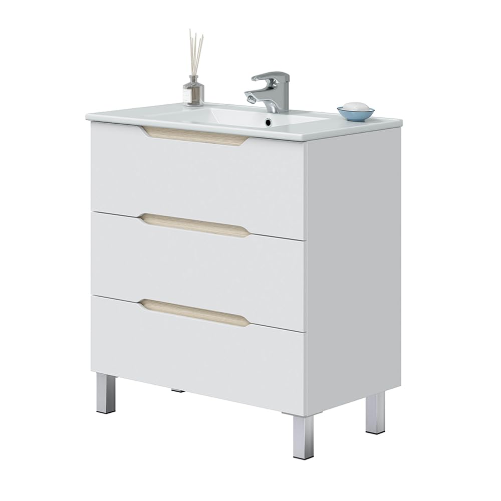 Mobile Bagno A Terra Da 80 Cm In Legno Bianco Lucido E Rovere Linea Brillo Con 2 Cassetti Dalla Chiusura Soft-Close, Completo Di Lavabo E Specchio