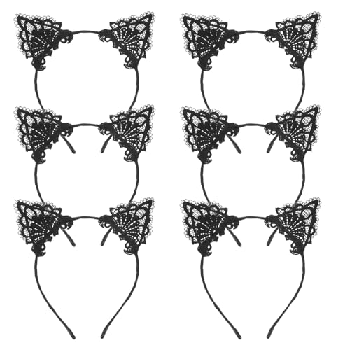 LUOZZY 6pcs Lace Cat Ears Headband Black Hollow Out Hair Accessories for Women Girls Halloween Party Cosplay Fashion Headwear