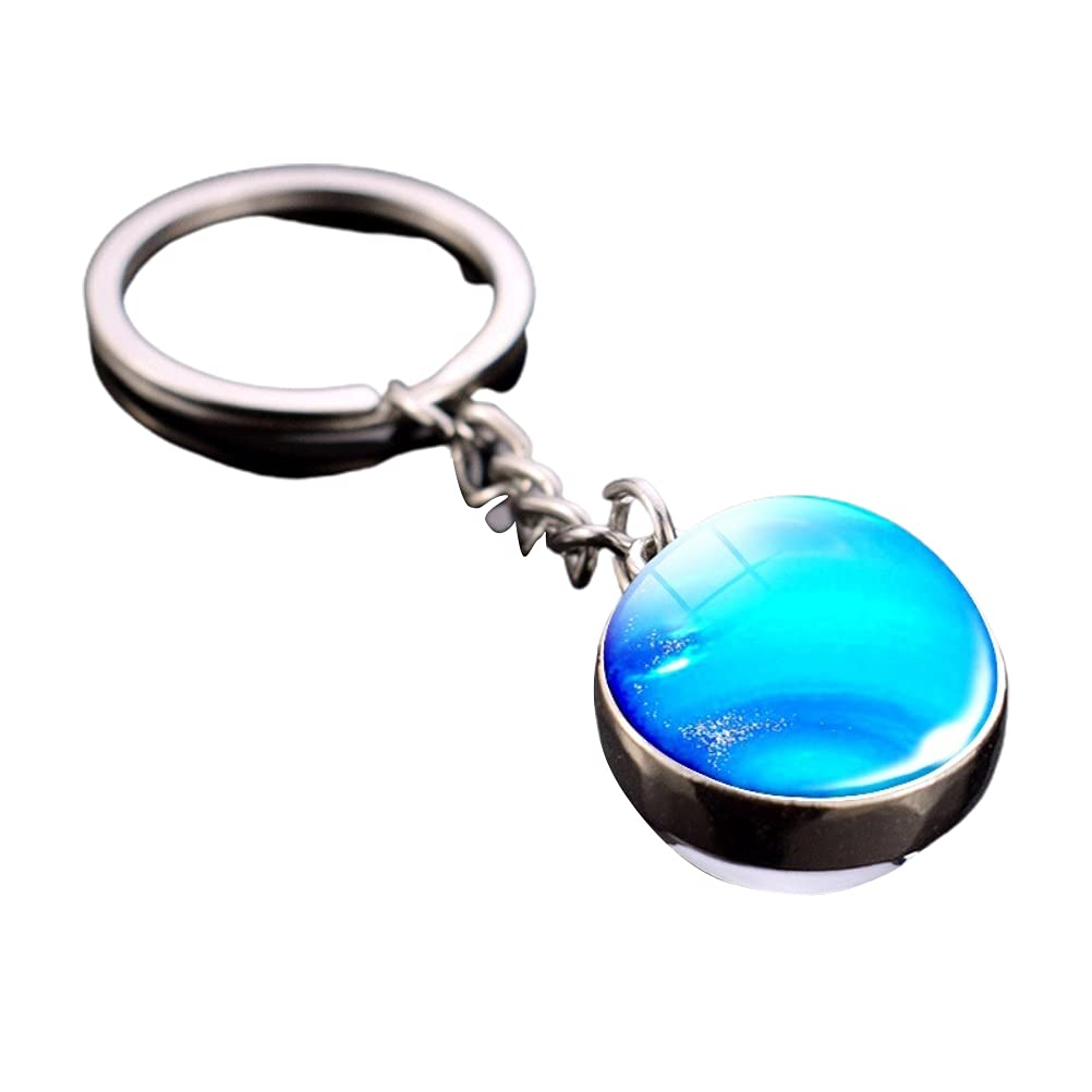 Double Sided Luminous Glass Ball Keychain Featuring Solar System Metal Pendant - Planet Earth, Mars, Saturn, Nebula (Blue-Neptune)