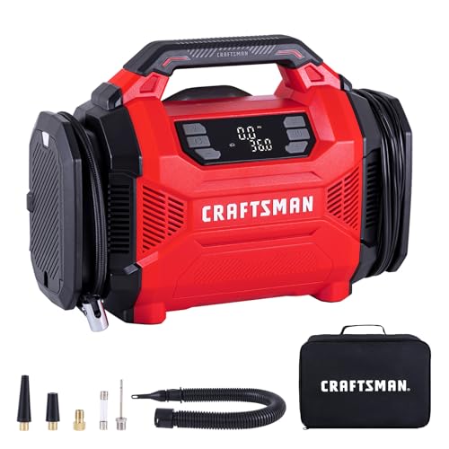 CRAFTSMAN Dual Power Tire Inflator Portable Air Compressor, 12V DC Car Plug & 120V AC Home Use, Up to 150 PSI with Digital Gauge & Auto Shut-Off, LED Light, Air Pump for Cars, Bikes & Inflatables by CRAFTSMAN - Used condition - US$59.99