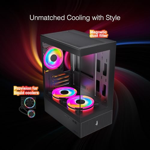 Image of FINGERS C-Vision-5N Micro-ATX PC Cabinet with Dual Toughened Glass Panels, 5 Pre-Installed ARGB Fans, Liquid Cooler Compatibility, Magnetic Dust Filter, USB 3.0 for Premium Performance & Style (Black)