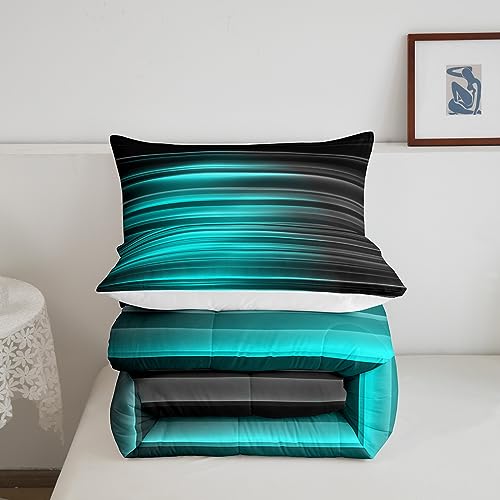 Image of Feelyou Teel Green Abstract Ombre Comforter Set Twin Size, Teel Green and Black Bedding Set Geometric Abstract Ombre Comforter Stripes Duvet Set Lightweight Quilt Set