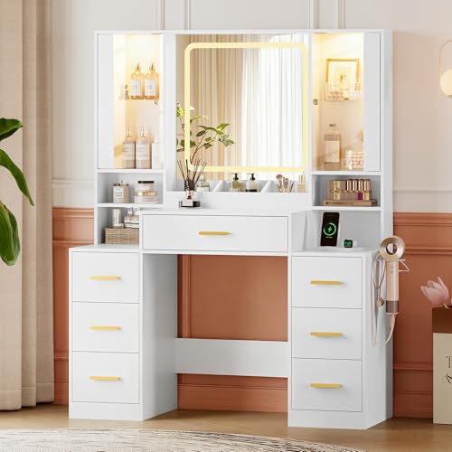 Image of HUANLEGO Makeup Vanity Desk with Mirror and LED Lights for Girls, White | Farmhouse Dressing Table Set for Women, LED Glass Cabinet, 7 Drawers, Power Outlet, Hair Dryer, 3 Lighting Modes