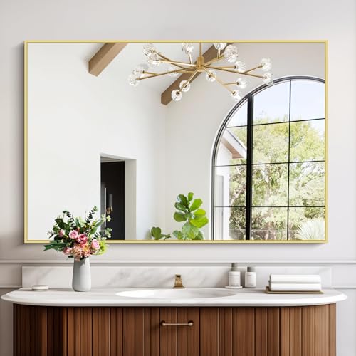 Image of COFENY Gold Bathroom Mirror for Wall, 30x48 Inch Rectangle Mirrors with Metal Frame, Modern Vanity Wall Mirror Decor for Bathroom Living Room, Entryway Hangs Horizontal or Vertical