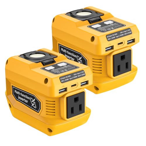 220W Power Inverter Compatible with Dewalt 20V Battery, DC 20V to AC 110V Portable Power Station with 1 AC Outlet, 2 USB Ports & 1 Type-C Fast Charging, 400LM LED Work Light (2-Pack)