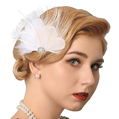 Genbree White Feather Hair Clip 1920S Flapper Headpiece Crystal Gatsby Headband Prom Party Head Accessories For Women #TOP3
