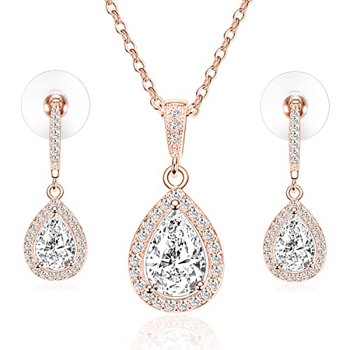 Bridal Party Jewelry Necklace & Earrings Set Rose Gold Plated Drop Crystal Set Gift For Bridesmaid #TOP30