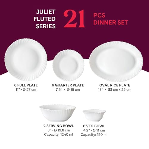 Image of Larah by Borosil Juliet Fluted Series Opalware Dinner Set | 21 Pieces for Family of 6 | Microwave & Dishwasher Safe | Bone-Ash Free | Crockery Set for Dining & Gifting | Plates & Bowls | White