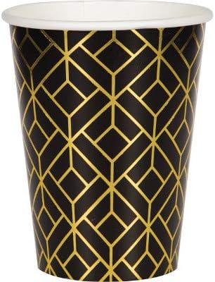 Roaring 20s Party Decorations, Art Deco Design Black and Gold Foil Printed 12 Ounce Paper Cups, Box of 96