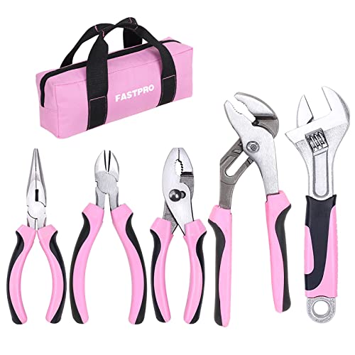 FASTPRO 5-piece Pink Utility Pliers Set with Storage Bag, Includes Long Nose Pliers, Diagonal Pliers, Slip Joint Pliers, Groove Joint Pliers, Adjustable Wrench
