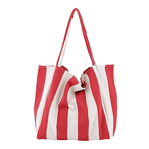 Image of Striped Canvas Tote Handbag for Women Vertical Stripe Large Capacity Shoulder Bag for Shopping Travel