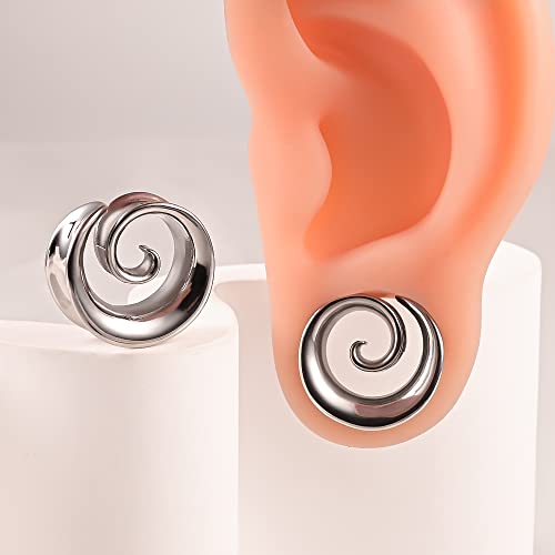 Atomhole 2PCS Spiral Saddle Ear Tunnels Plugs 316 Stainless Steel Ear Gauges Hypoallergenic Earrings Expander Stretcher Piercing Body Jewelry 0g-1"(8mm-25mm) (10mm(00G), Silver) - Thumbnail 7