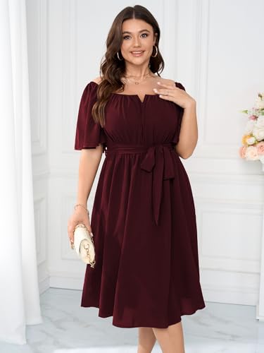 Image of Women Plus Size Cocktail Dress Short Sleeve Square Neck Belted Elegant Flowy A Line Midi Dresses with Pockets