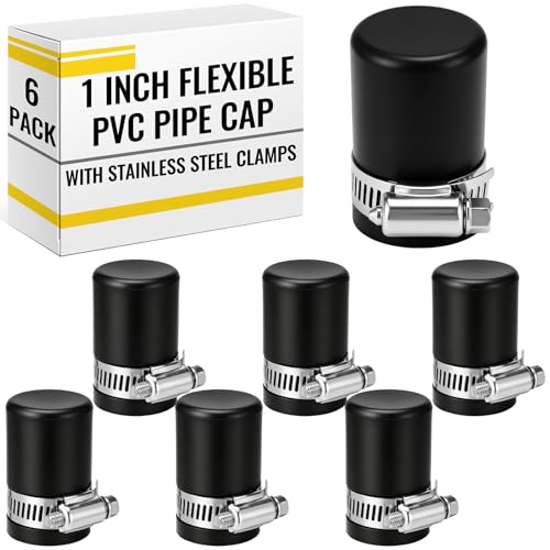Image of 6 Pack 1 Inch Flexible PVC Pipe Cap with Stainless Steel Clamps - Black Durable End Caps for Drainage, Wastewater & Vent Pipes, Above /below Ground Use