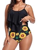 Womens Tankini Swimsuits High Waisted Bathing Suits Tummy Control Ruffled Top Swimwear Two Piece Swimming Suits 07 Black Sunflower 10-12