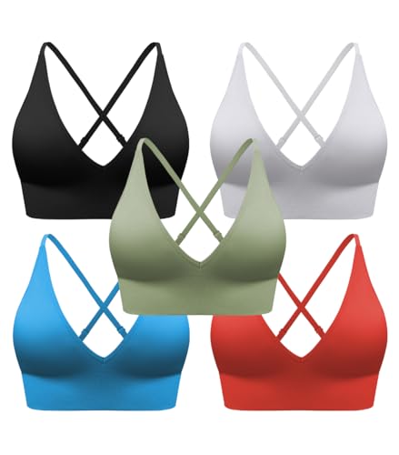 Image of Deep V-Neck Adjustable Women's Sports Bra | Wireless Longline Strappy Criss Cross Padded Spaghetti Straps Light Impact Workout Yoga Crop Top