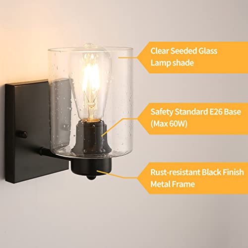 Noele Wall Sconces Set Of Two, Matte Black Vanity Light For Bathroom, Modern Industrial Wall Light Fixtures, Metal Sconces Wall Lighting With Clear Seeded Glass Shade, Farmhouse Wall Lamp For Mirror #TOP4