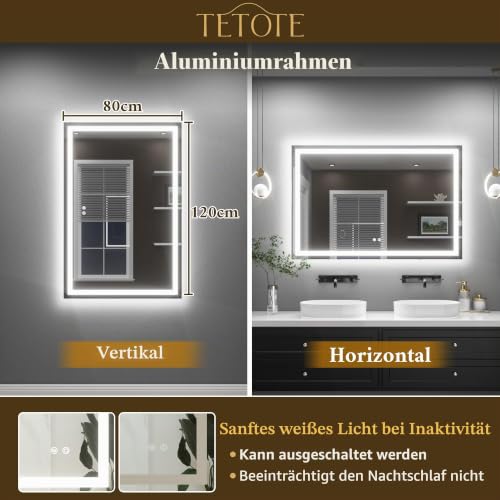 TETOTE Badspiegel mit Beleuchtung 120x80cm, Badezimmerspiegel Beleuchtet Beschlagfrei Badezimmer Wandspiegel Ohne Rahmen Bad Spiegel mit… – Ansicht 2