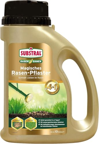 Substral 4in1 Rasen-Pflaster, Rasensamen + Keimsubstrat + Dünger, 1kg Streuflasche - Für dichte Rasenfläche & schnelle Rasenreparatur