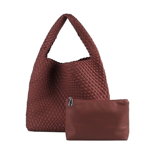 Image of Woven Tote Bag for Women with Purse, Vegan Leather Hobo Bags Large Handmade Underarm Shoulder Bag
