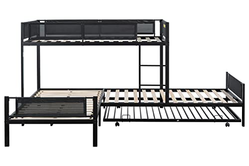 Oudiec L-Shape Triple Bunk Bed With Trundle For 4 Kids Adults,Sturdy Steel Bedframe With Safety Guardrail For Dorm,Bedroom,Guest Room,No Box Spring Needed,Black #TOP7
