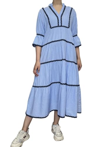 utcoco Women's Summer Beach Vacation Boho Striped RIC Rac Dress Flutter 3/4 Sleeve Tiered A Line Flowy Long Dress